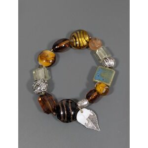 Elephant Charm Beaded Bracelet Art Glass Ceramic Shell Boho 7.5"